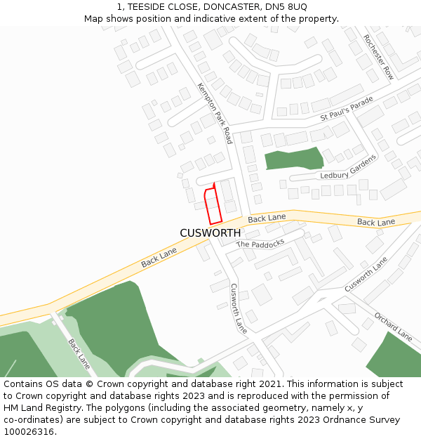 1, TEESIDE CLOSE, DONCASTER, DN5 8UQ: Location map and indicative extent of plot