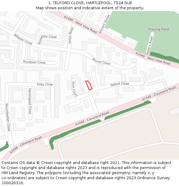 1, TELFORD CLOSE, HARTLEPOOL, TS24 0UE: Location map and indicative extent of plot