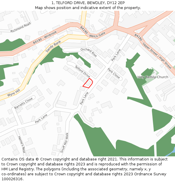 1, TELFORD DRIVE, BEWDLEY, DY12 2EP: Location map and indicative extent of plot