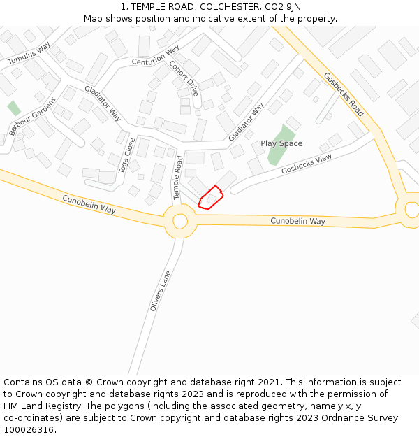 1, TEMPLE ROAD, COLCHESTER, CO2 9JN: Location map and indicative extent of plot