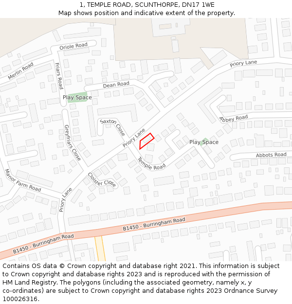 1, TEMPLE ROAD, SCUNTHORPE, DN17 1WE: Location map and indicative extent of plot