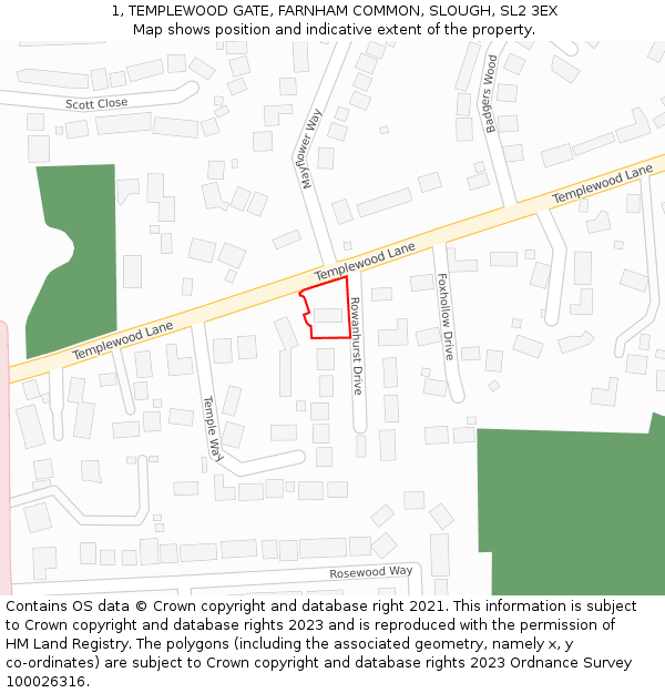 1, TEMPLEWOOD GATE, FARNHAM COMMON, SLOUGH, SL2 3EX: Location map and indicative extent of plot