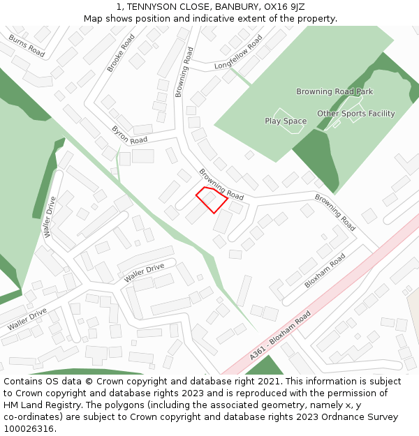 1, TENNYSON CLOSE, BANBURY, OX16 9JZ: Location map and indicative extent of plot