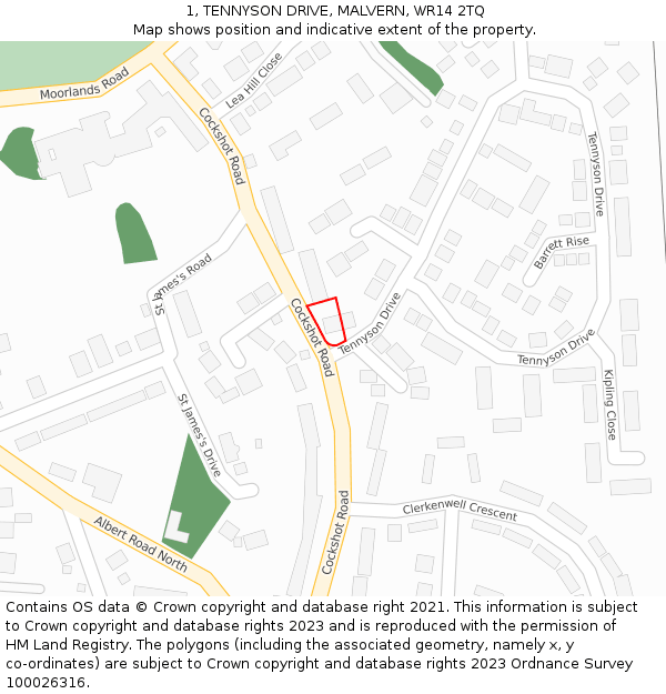 1, TENNYSON DRIVE, MALVERN, WR14 2TQ: Location map and indicative extent of plot