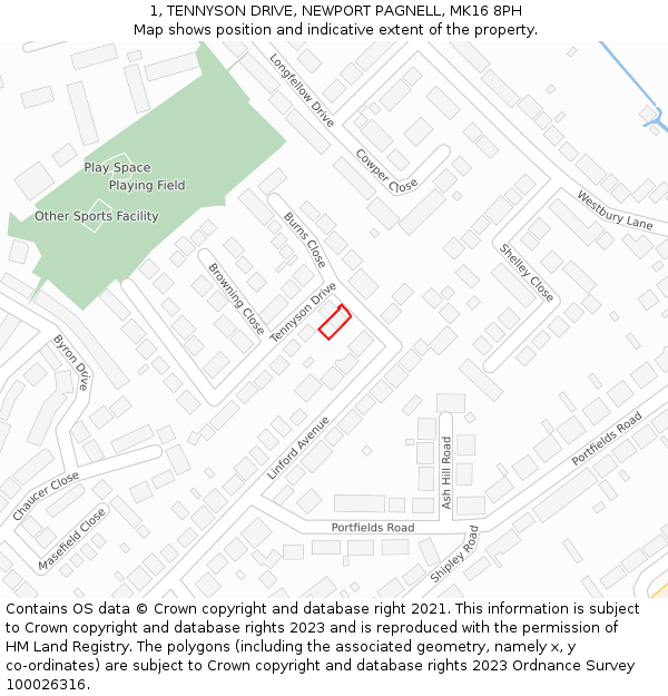 1, TENNYSON DRIVE, NEWPORT PAGNELL, MK16 8PH: Location map and indicative extent of plot