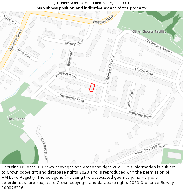 1, TENNYSON ROAD, HINCKLEY, LE10 0TH: Location map and indicative extent of plot