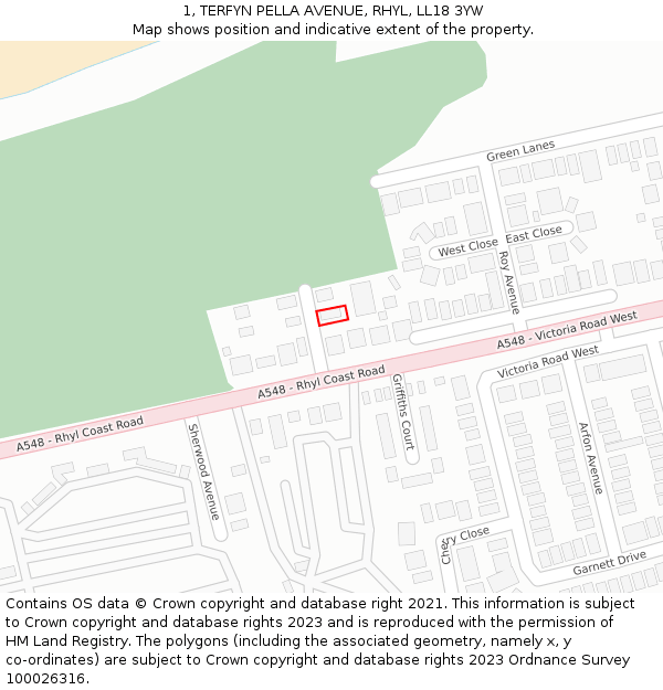 1, TERFYN PELLA AVENUE, RHYL, LL18 3YW: Location map and indicative extent of plot