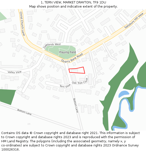 1, TERN VIEW, MARKET DRAYTON, TF9 1DU: Location map and indicative extent of plot