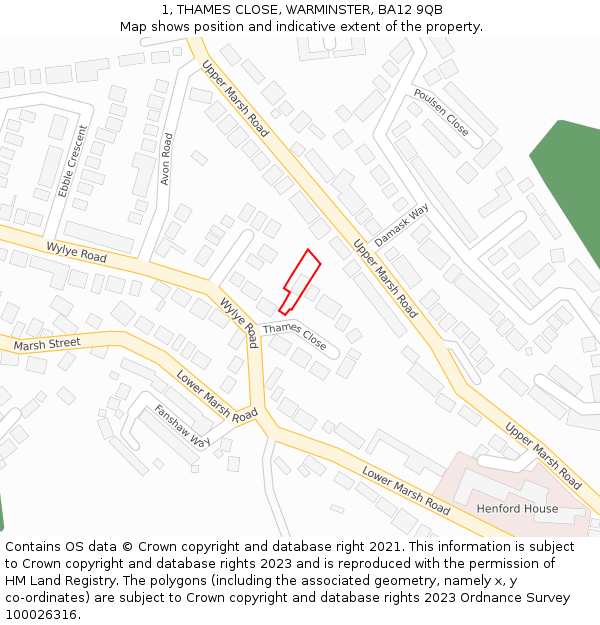 1, THAMES CLOSE, WARMINSTER, BA12 9QB: Location map and indicative extent of plot