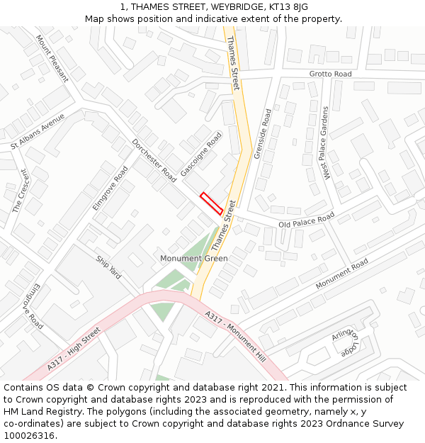 1, THAMES STREET, WEYBRIDGE, KT13 8JG: Location map and indicative extent of plot
