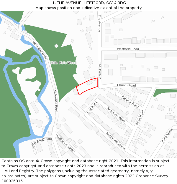 1, THE AVENUE, HERTFORD, SG14 3DG: Location map and indicative extent of plot