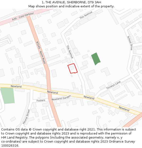1, THE AVENUE, SHERBORNE, DT9 3AH: Location map and indicative extent of plot