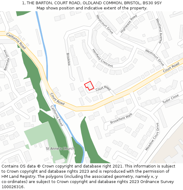 1, THE BARTON, COURT ROAD, OLDLAND COMMON, BRISTOL, BS30 9SY: Location map and indicative extent of plot
