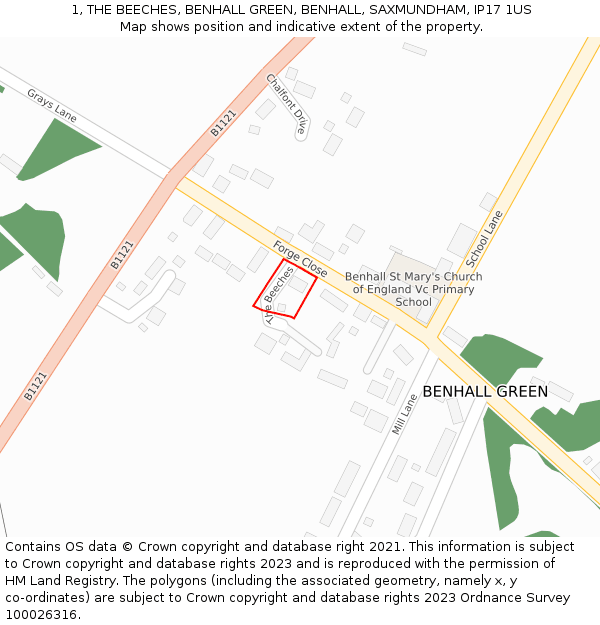 1, THE BEECHES, BENHALL GREEN, BENHALL, SAXMUNDHAM, IP17 1US: Location map and indicative extent of plot