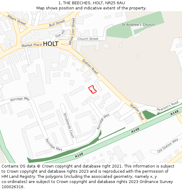 1, THE BEECHES, HOLT, NR25 6AU: Location map and indicative extent of plot