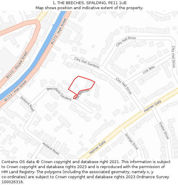 1, THE BEECHES, SPALDING, PE11 1UE: Location map and indicative extent of plot