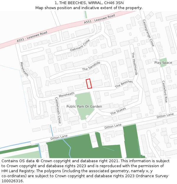 1, THE BEECHES, WIRRAL, CH46 3SN: Location map and indicative extent of plot