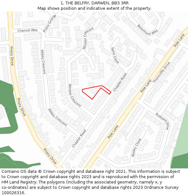 1, THE BELFRY, DARWEN, BB3 3RR: Location map and indicative extent of plot