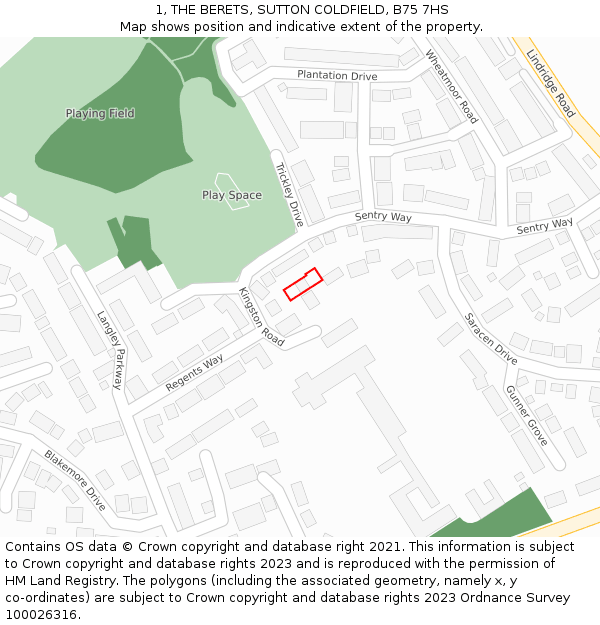 1, THE BERETS, SUTTON COLDFIELD, B75 7HS: Location map and indicative extent of plot