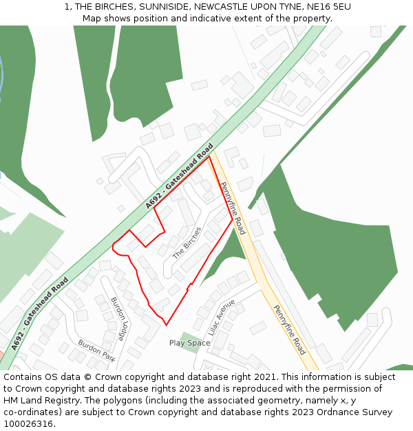 1, THE BIRCHES, SUNNISIDE, NEWCASTLE UPON TYNE, NE16 5EU: Location map and indicative extent of plot