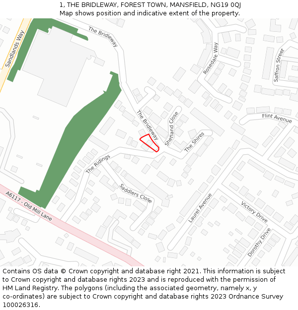 1, THE BRIDLEWAY, FOREST TOWN, MANSFIELD, NG19 0QJ: Location map and indicative extent of plot