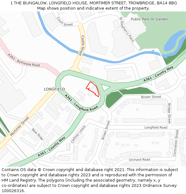 1 THE BUNGALOW, LONGFIELD HOUSE, MORTIMER STREET, TROWBRIDGE, BA14 8BG: Location map and indicative extent of plot