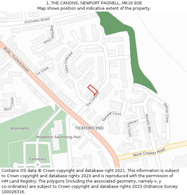 1, THE CANONS, NEWPORT PAGNELL, MK16 9GE: Location map and indicative extent of plot