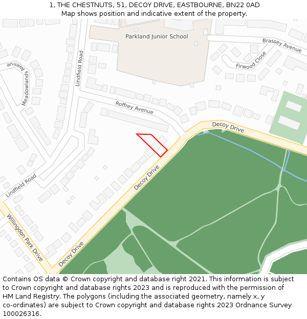 1, THE CHESTNUTS, 51, DECOY DRIVE, EASTBOURNE, BN22 0AD: Location map and indicative extent of plot