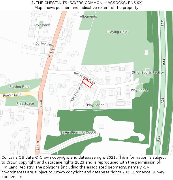1, THE CHESTNUTS, SAYERS COMMON, HASSOCKS, BN6 9XJ: Location map and indicative extent of plot