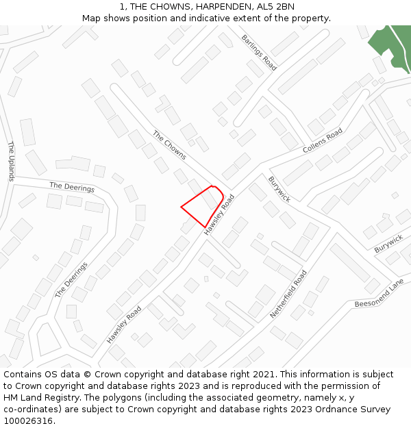 1, THE CHOWNS, HARPENDEN, AL5 2BN: Location map and indicative extent of plot