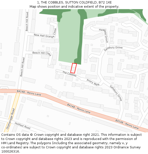 1, THE COBBLES, SUTTON COLDFIELD, B72 1XE: Location map and indicative extent of plot