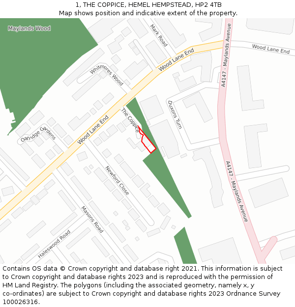 1, THE COPPICE, HEMEL HEMPSTEAD, HP2 4TB: Location map and indicative extent of plot