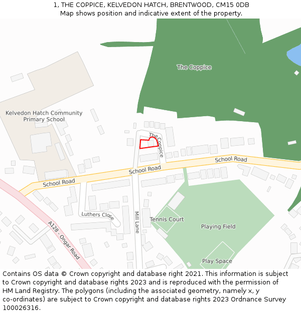 1, THE COPPICE, KELVEDON HATCH, BRENTWOOD, CM15 0DB: Location map and indicative extent of plot