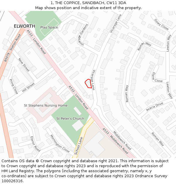 1, THE COPPICE, SANDBACH, CW11 3DA: Location map and indicative extent of plot