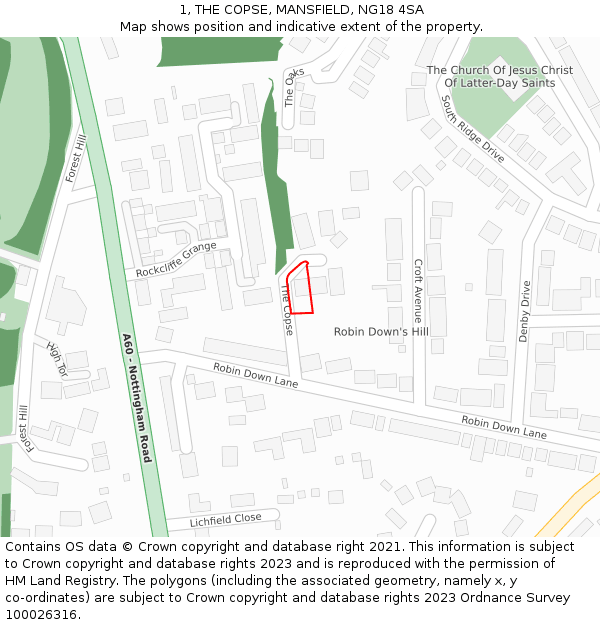 1, THE COPSE, MANSFIELD, NG18 4SA: Location map and indicative extent of plot