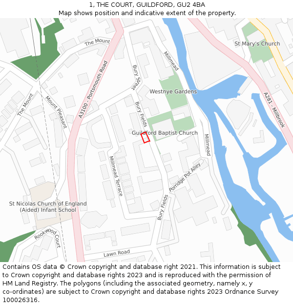 1, THE COURT, GUILDFORD, GU2 4BA: Location map and indicative extent of plot