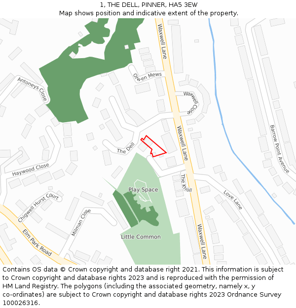 1, THE DELL, PINNER, HA5 3EW: Location map and indicative extent of plot