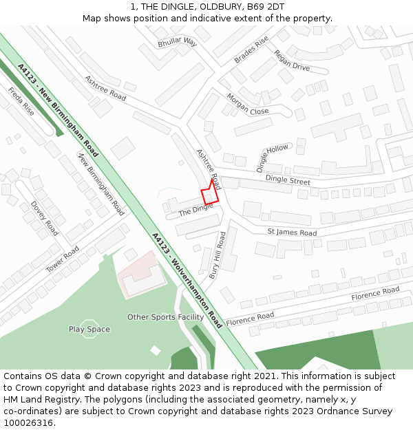 1, THE DINGLE, OLDBURY, B69 2DT: Location map and indicative extent of plot