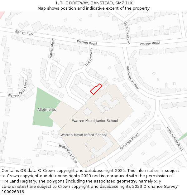 1, THE DRIFTWAY, BANSTEAD, SM7 1LX: Location map and indicative extent of plot