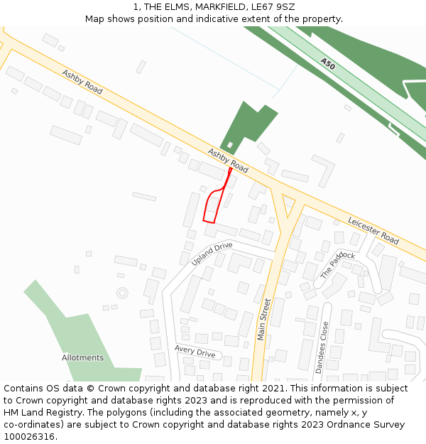 1, THE ELMS, MARKFIELD, LE67 9SZ: Location map and indicative extent of plot