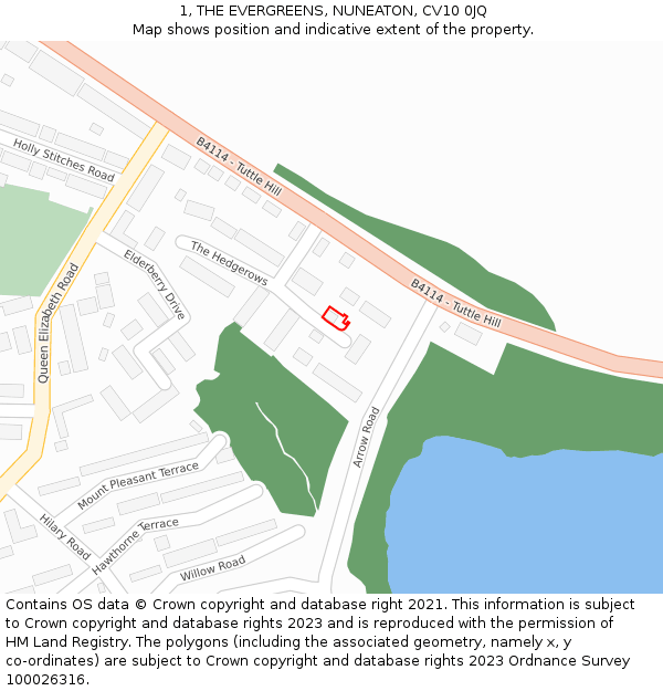 1, THE EVERGREENS, NUNEATON, CV10 0JQ: Location map and indicative extent of plot