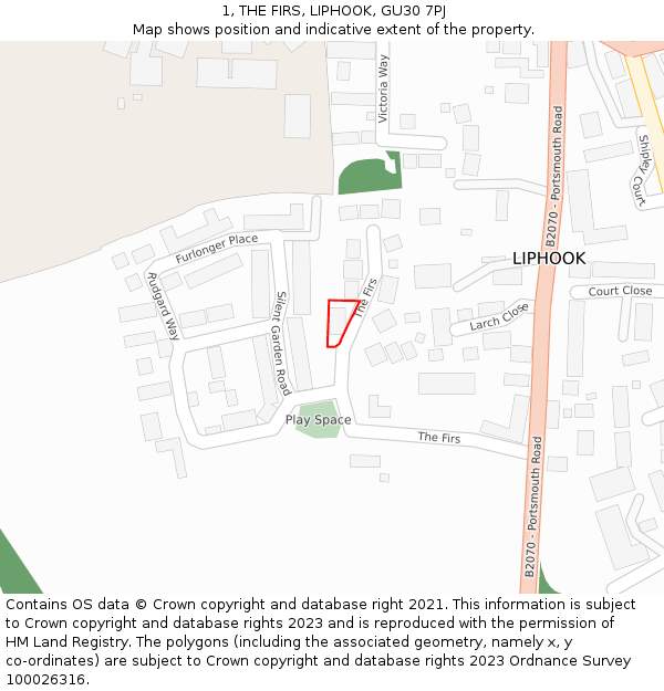 1, THE FIRS, LIPHOOK, GU30 7PJ: Location map and indicative extent of plot