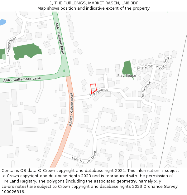 1, THE FURLONGS, MARKET RASEN, LN8 3DF: Location map and indicative extent of plot