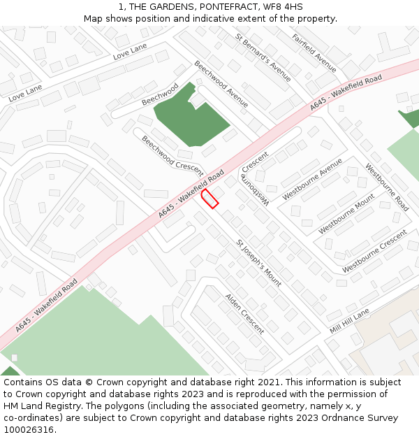 1, THE GARDENS, PONTEFRACT, WF8 4HS: Location map and indicative extent of plot