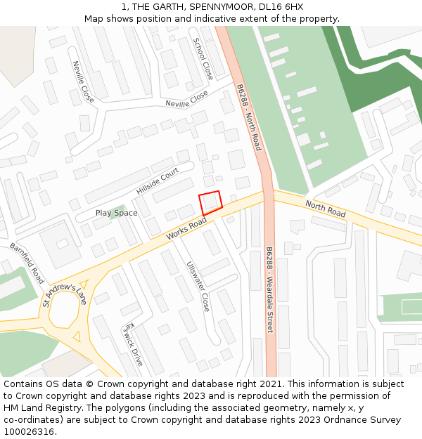 1, THE GARTH, SPENNYMOOR, DL16 6HX: Location map and indicative extent of plot