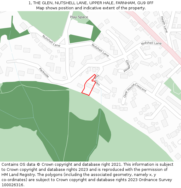 1, THE GLEN, NUTSHELL LANE, UPPER HALE, FARNHAM, GU9 0FF: Location map and indicative extent of plot