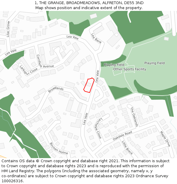 1, THE GRANGE, BROADMEADOWS, ALFRETON, DE55 3ND: Location map and indicative extent of plot
