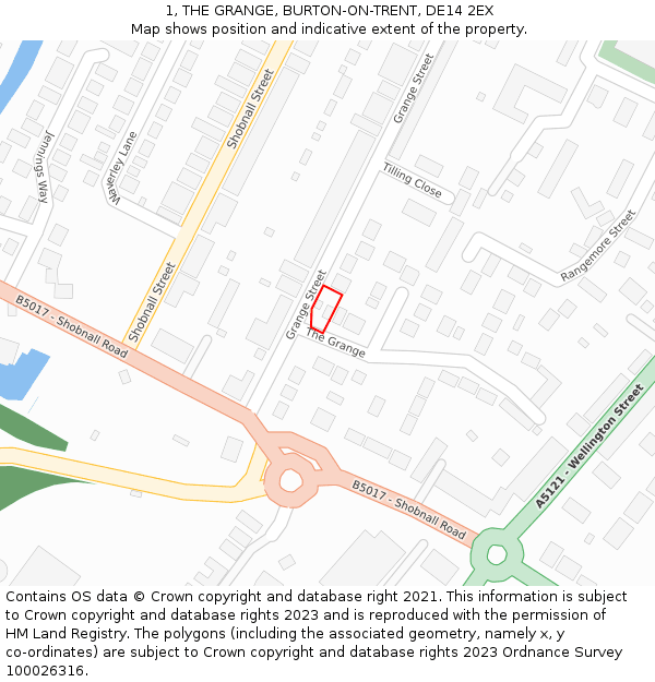 1, THE GRANGE, BURTON-ON-TRENT, DE14 2EX: Location map and indicative extent of plot