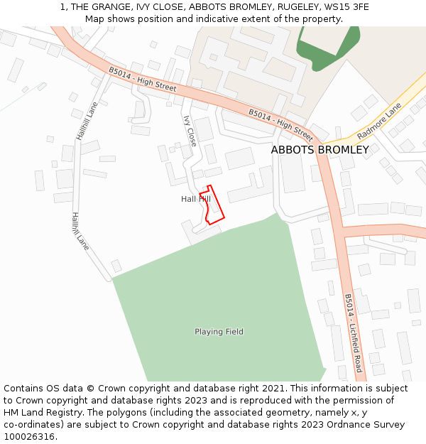 1, THE GRANGE, IVY CLOSE, ABBOTS BROMLEY, RUGELEY, WS15 3FE: Location map and indicative extent of plot
