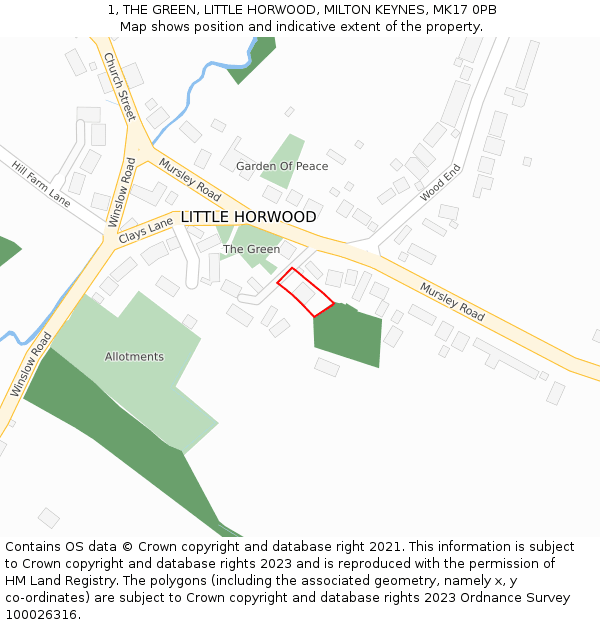 1, THE GREEN, LITTLE HORWOOD, MILTON KEYNES, MK17 0PB: Location map and indicative extent of plot